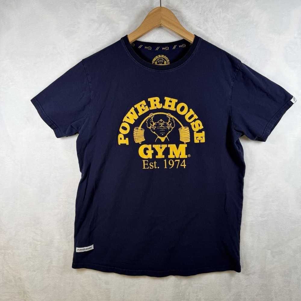 Powerhouse Gym Est 1974 Bodybuilding Weightlifting Shirt Navy Blue Mens Medium